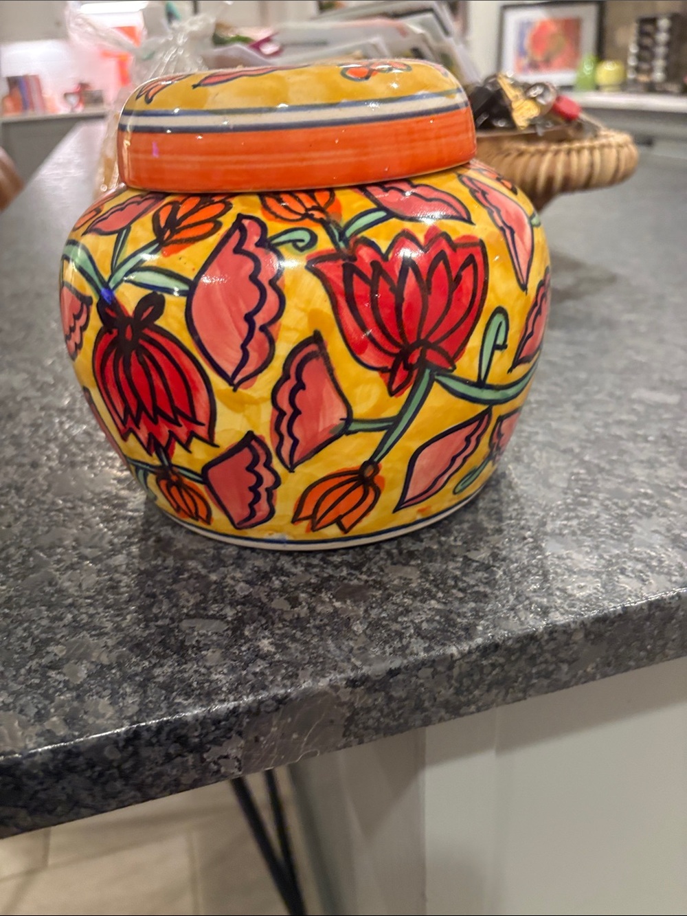 Hand-Painted Floral Ceramic Jar - Yellow & Coral